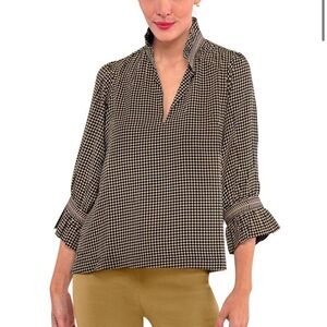 Gretchen Scott Ruffleneck Tunic Checkmate XL Brown Black Preppy Holiday Work